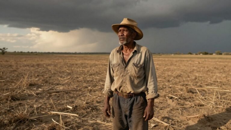 Farmer in dry field under stormy sky.