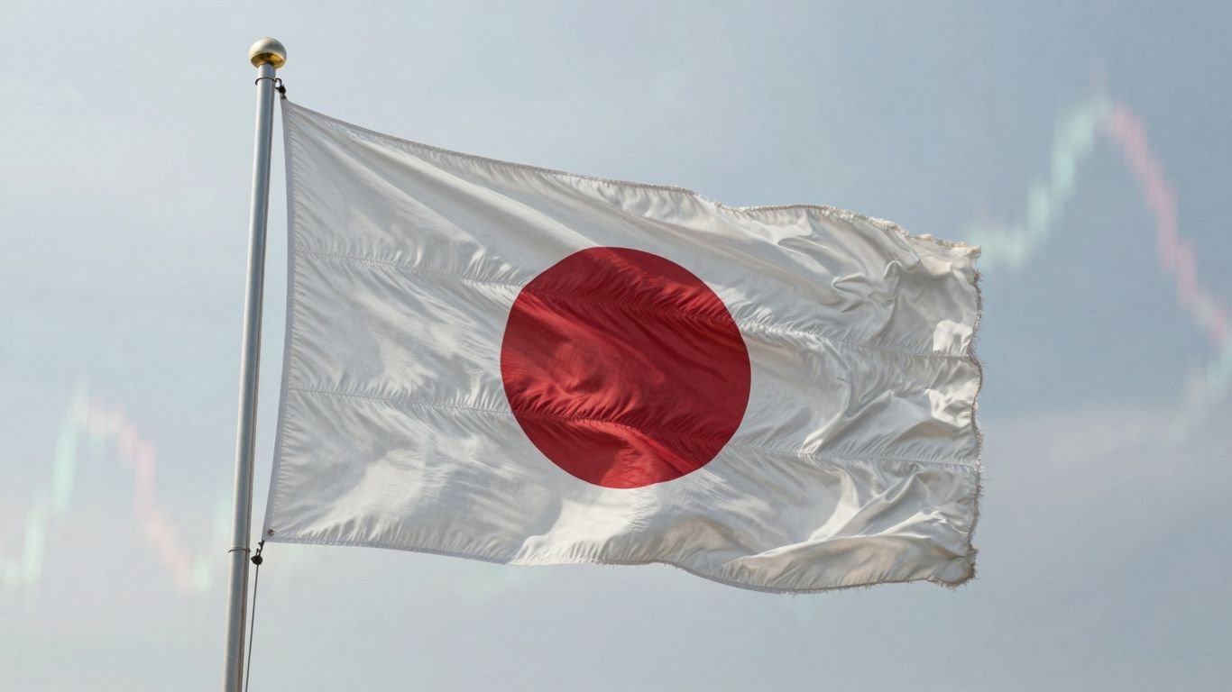 Japanese flag and abstract financial market patterns.