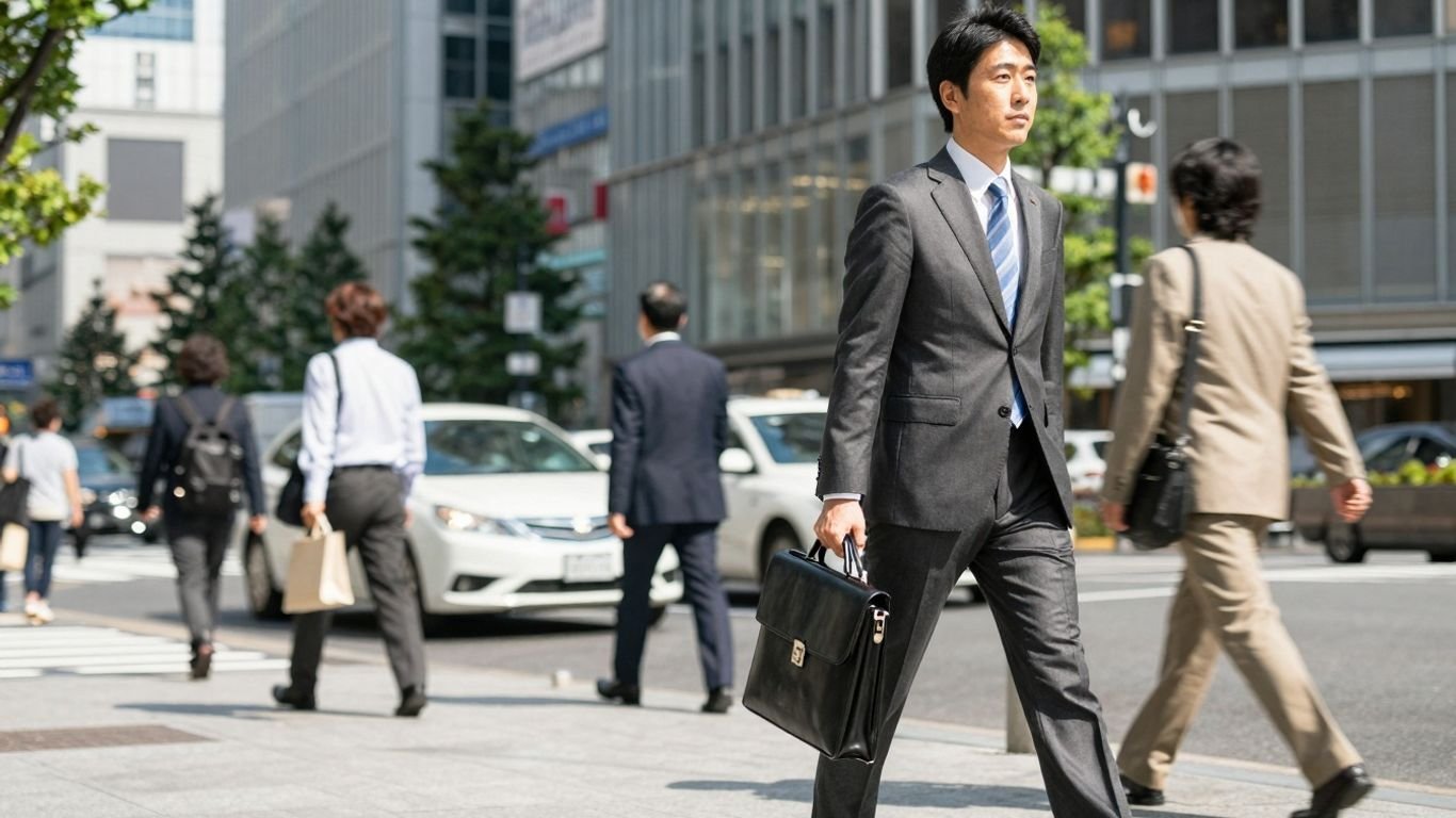 Japanese salaryman in a suit walking in a city.