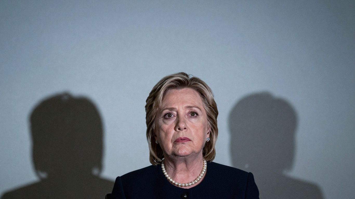[Hillary Clinton] in a dramatic, shadowy setting.