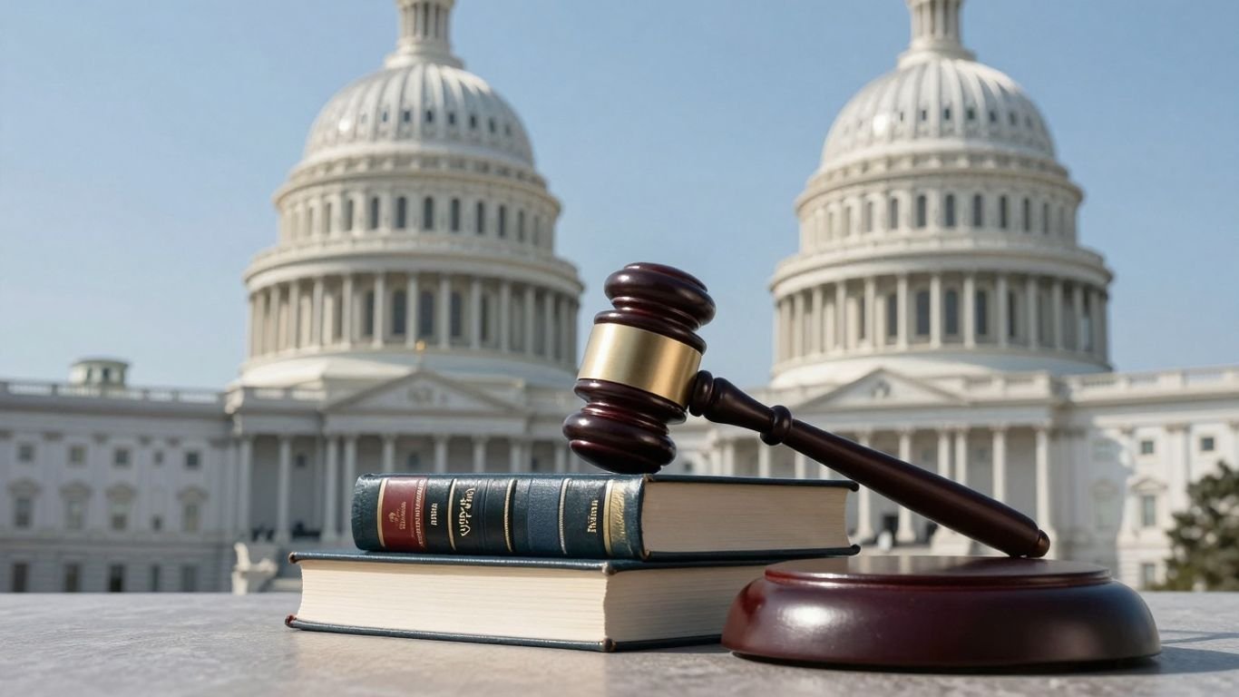 Gavel on law books with Capitol building in background.