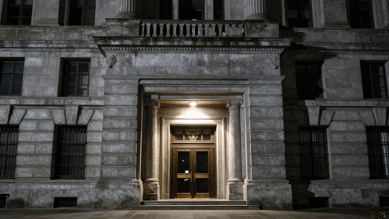 Imposing courthouse entrance with dramatic spotlight.