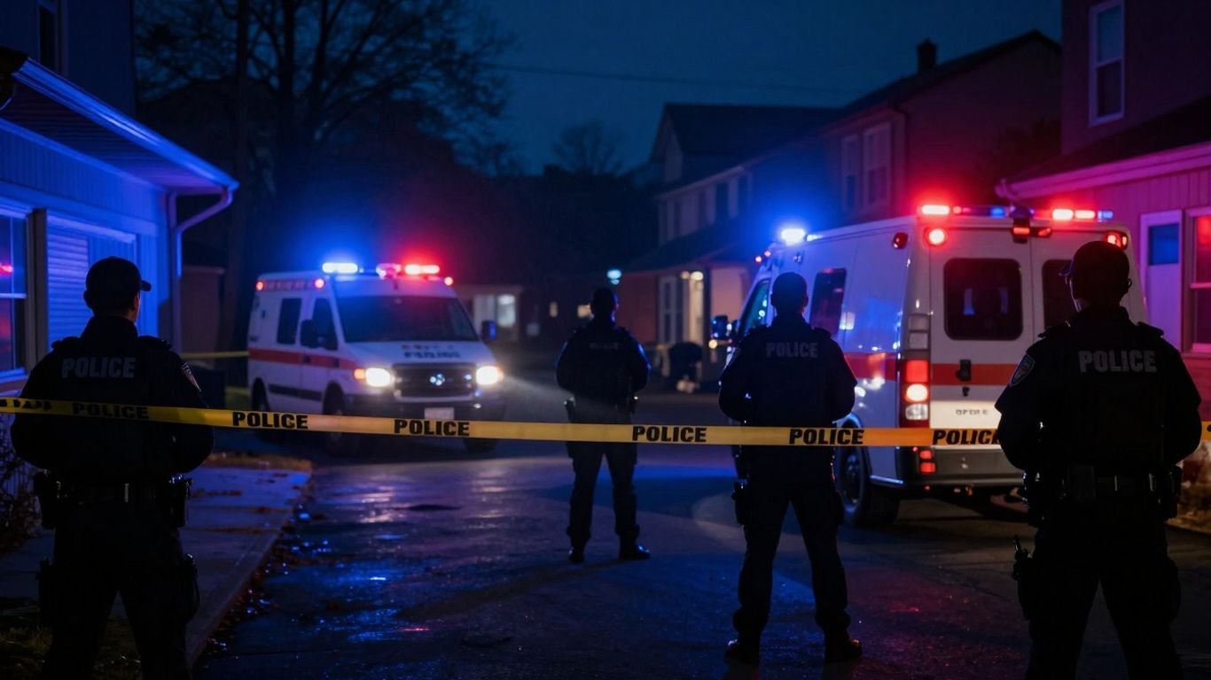 Police tape and flashing lights at a crime scene.