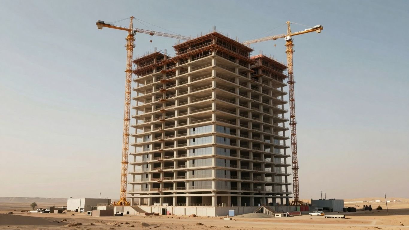 Massive cube skyscraper construction paused in desert.