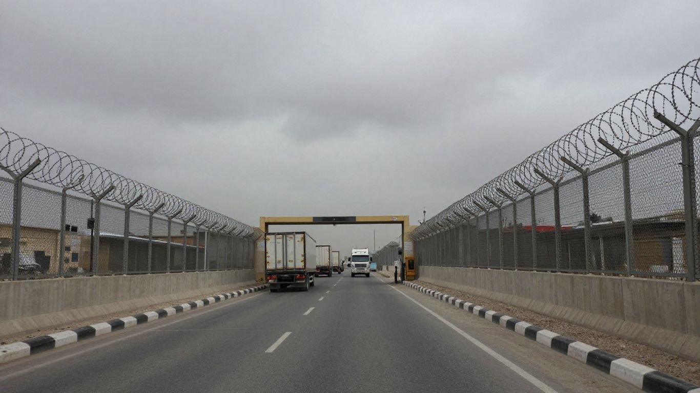 Rafah border crossing with fences and barriers.