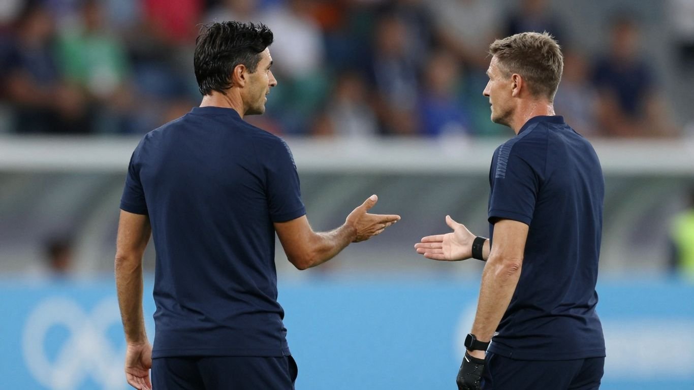Soccer coaches on a field after an incident.
