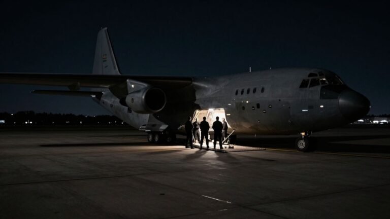 Military aircraft transferring detainees at night.