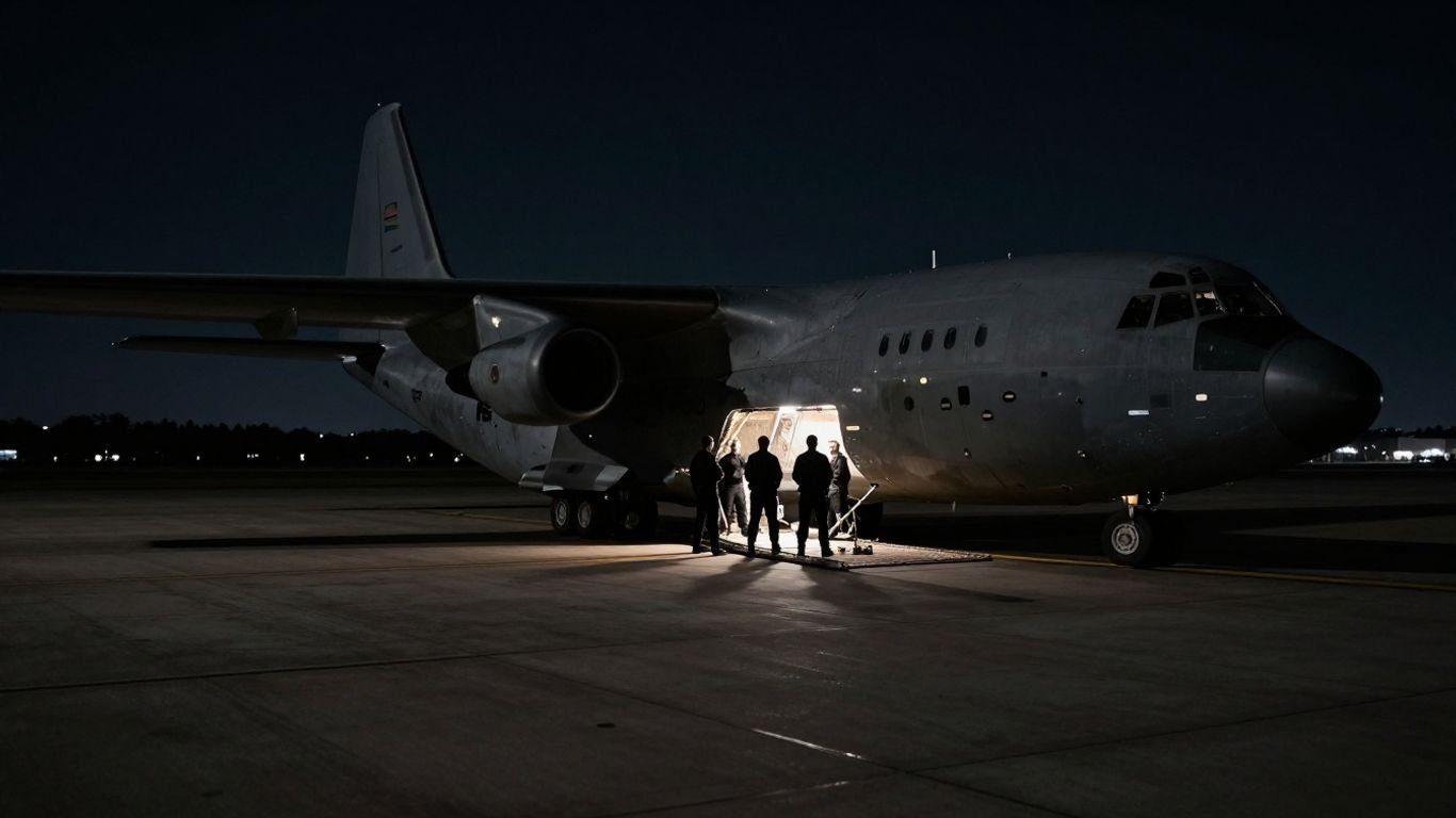 Military aircraft transferring detainees at night.