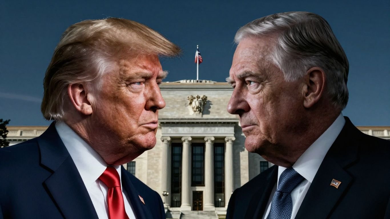 Trump and Powell portraits with Federal Reserve building