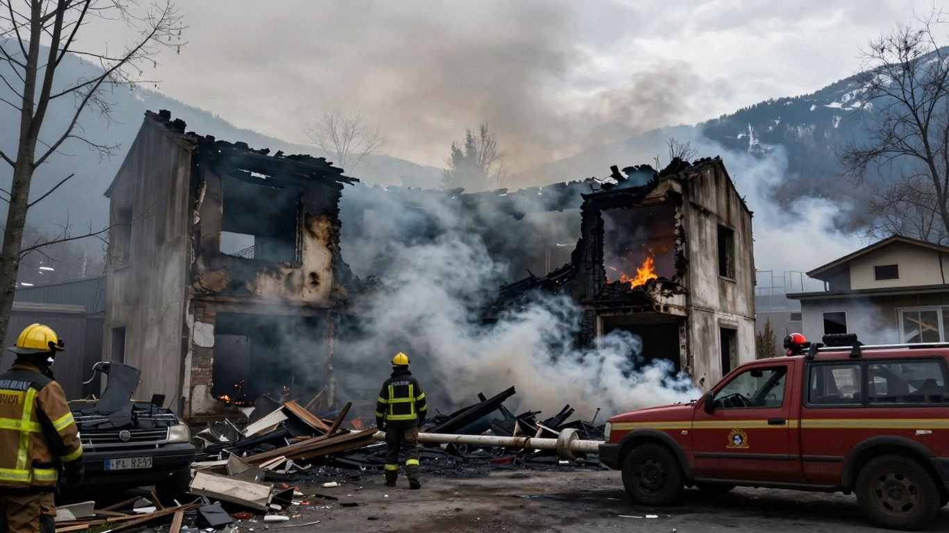 Firefighters at the scene of a building fire in Crans-Montana.