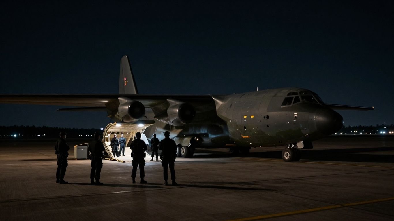 Military aircraft transferring detainees at night.