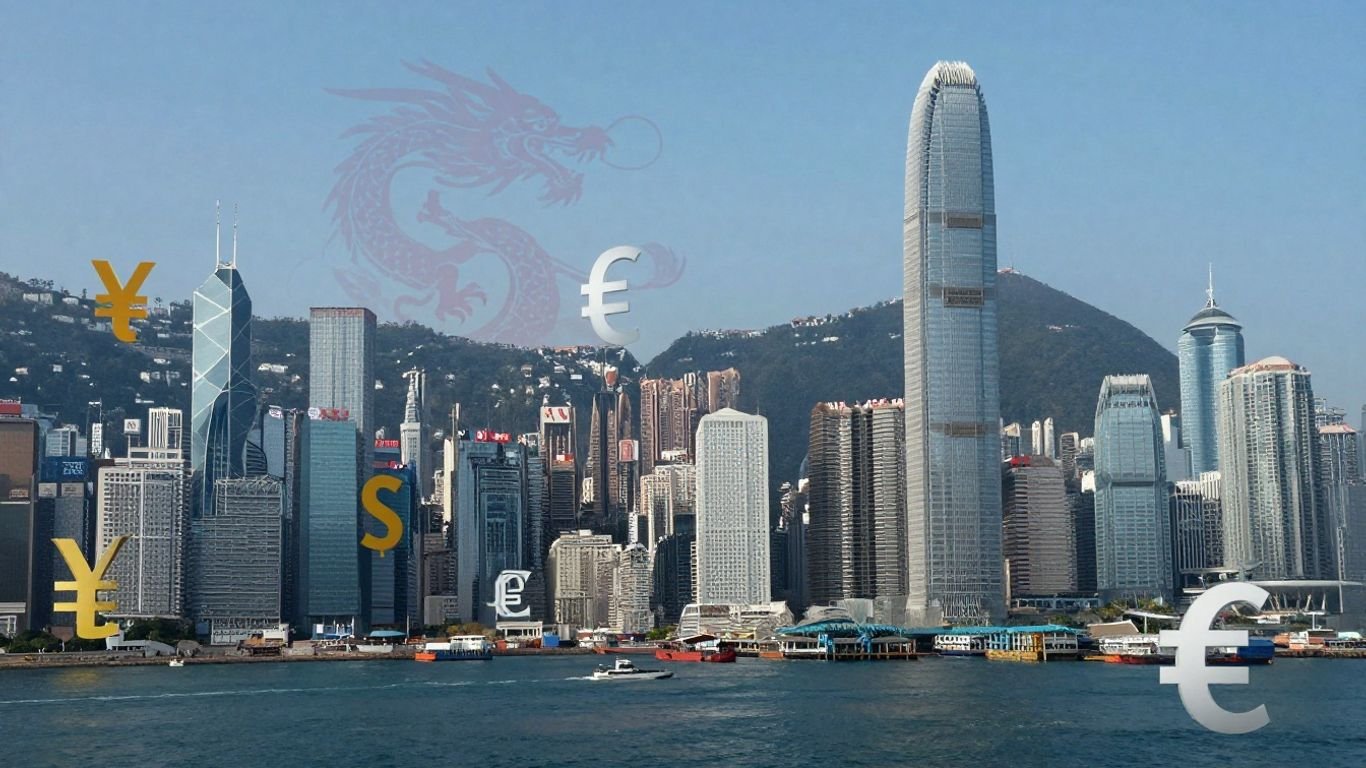 Global economic influence with Chinese dragon and city skyline.