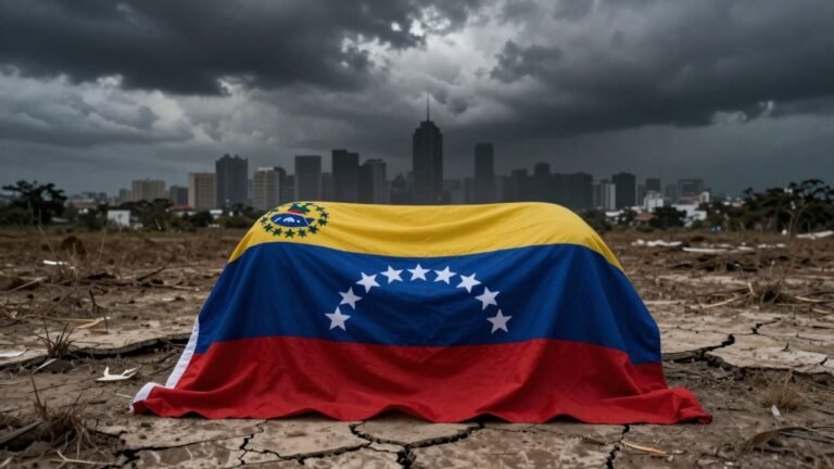 Venezuelan flag over cracked earth, city skyline in stormy background.