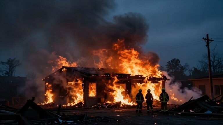 Building engulfed in flames, firefighters battling blaze.