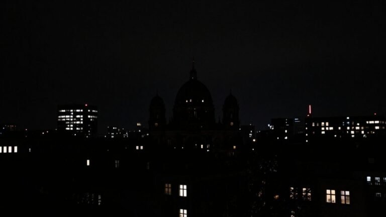 Darkened Berlin cityscape during a blackout.
