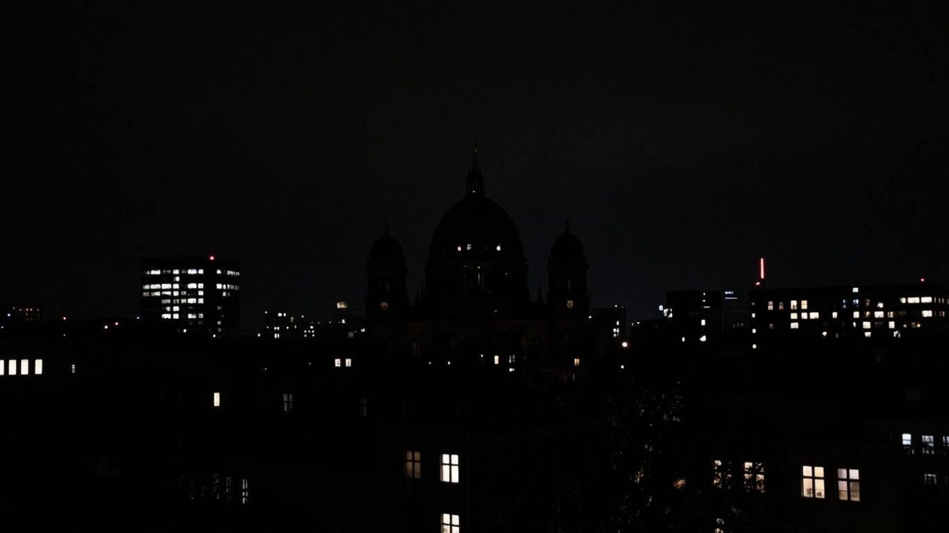 Darkened Berlin cityscape during a blackout.