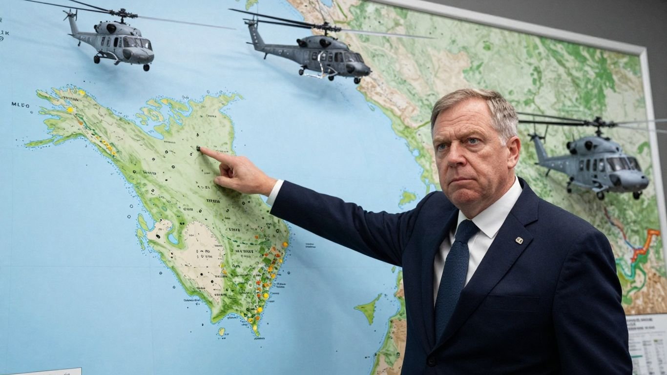 Senator points at Greenland map, military helicopters and ships in background.