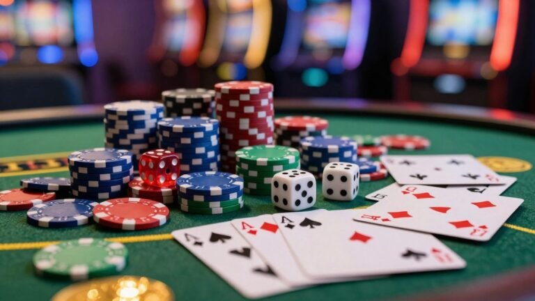Collage of casino chips, cards, and dice.