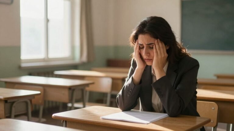 Female teacher in an empty classroom looking distressed.