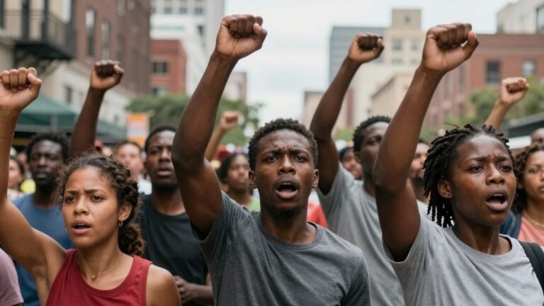 Protesters with raised fists at a New York City demonstration.