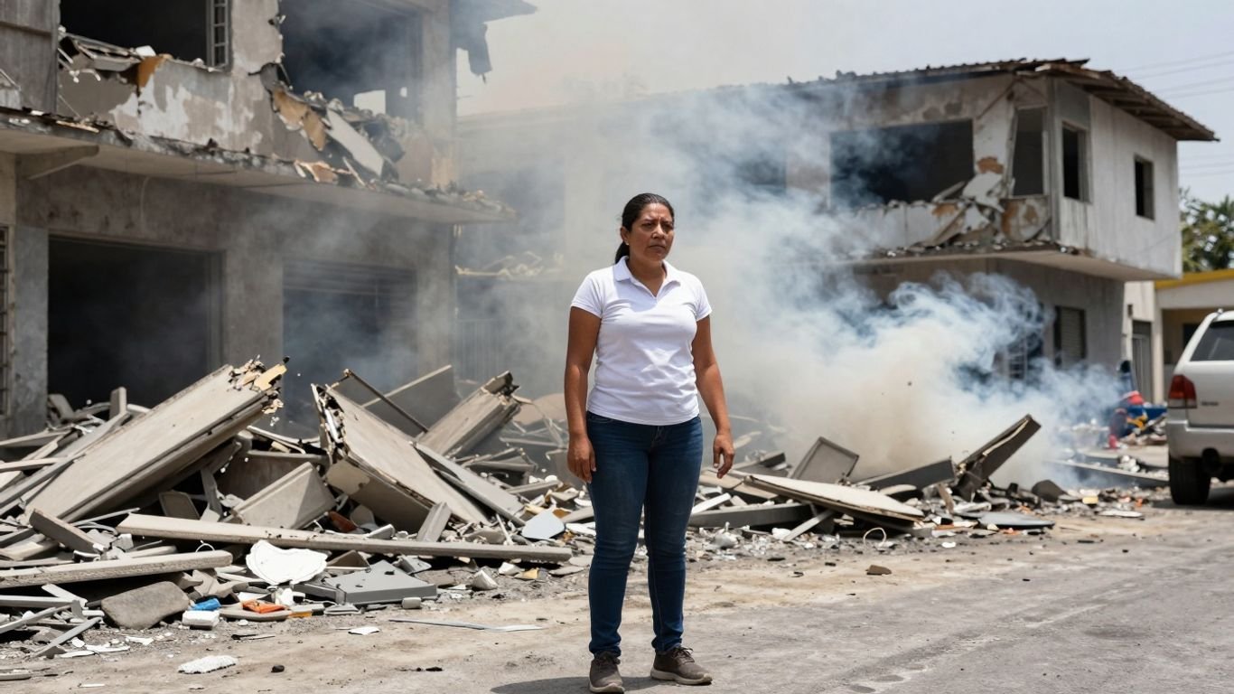 Lawmaker near explosion site, debris scattered.