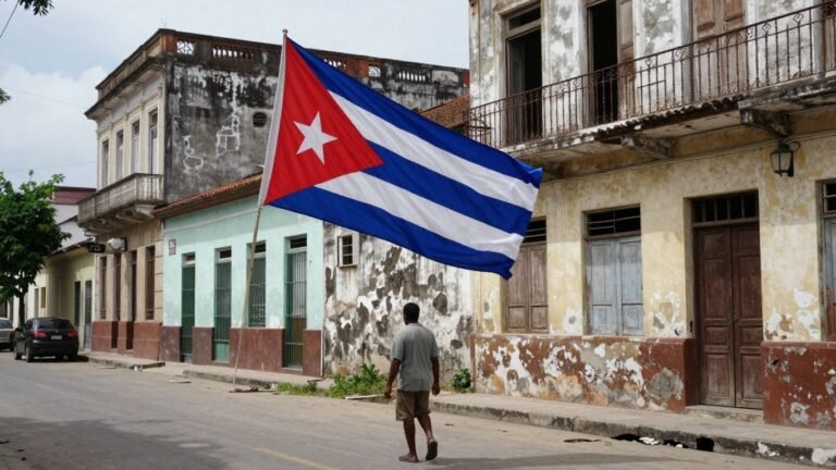 Cuban flag and weathered buildings, hinting at resilience.