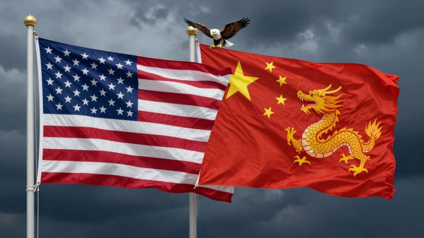 US and China flags clashing, symbolizing global power struggle.