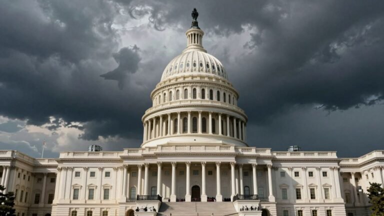 US Capitol building under a storm cloud with a shadowy hand.