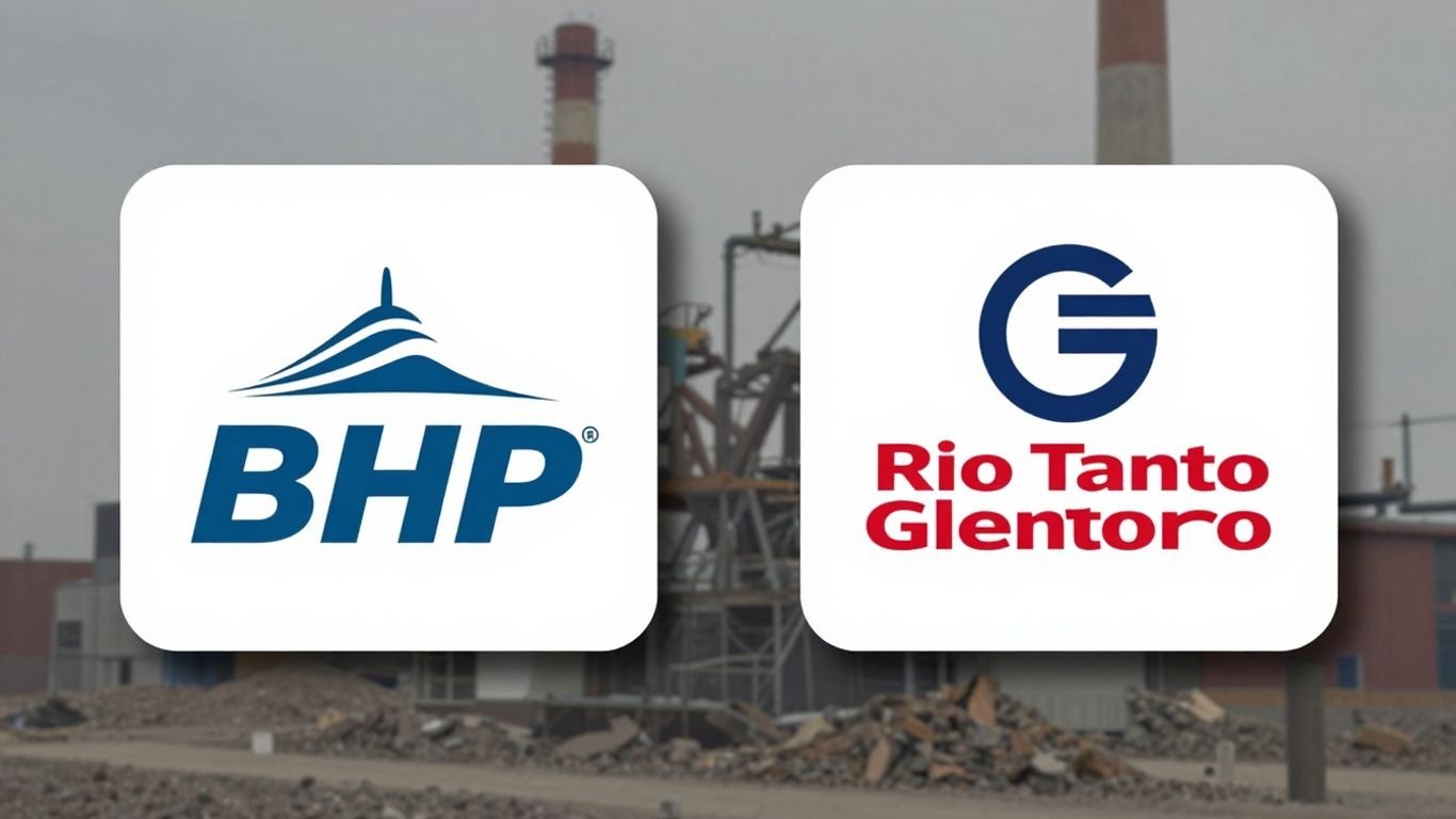 Mining company logos: BHP, Rio Tinto, Glencore.