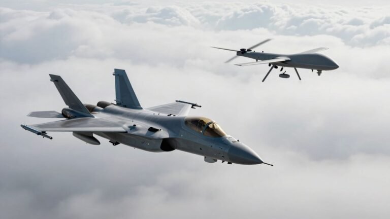 Pakistani and Indonesian fighter jets and drone in formation.