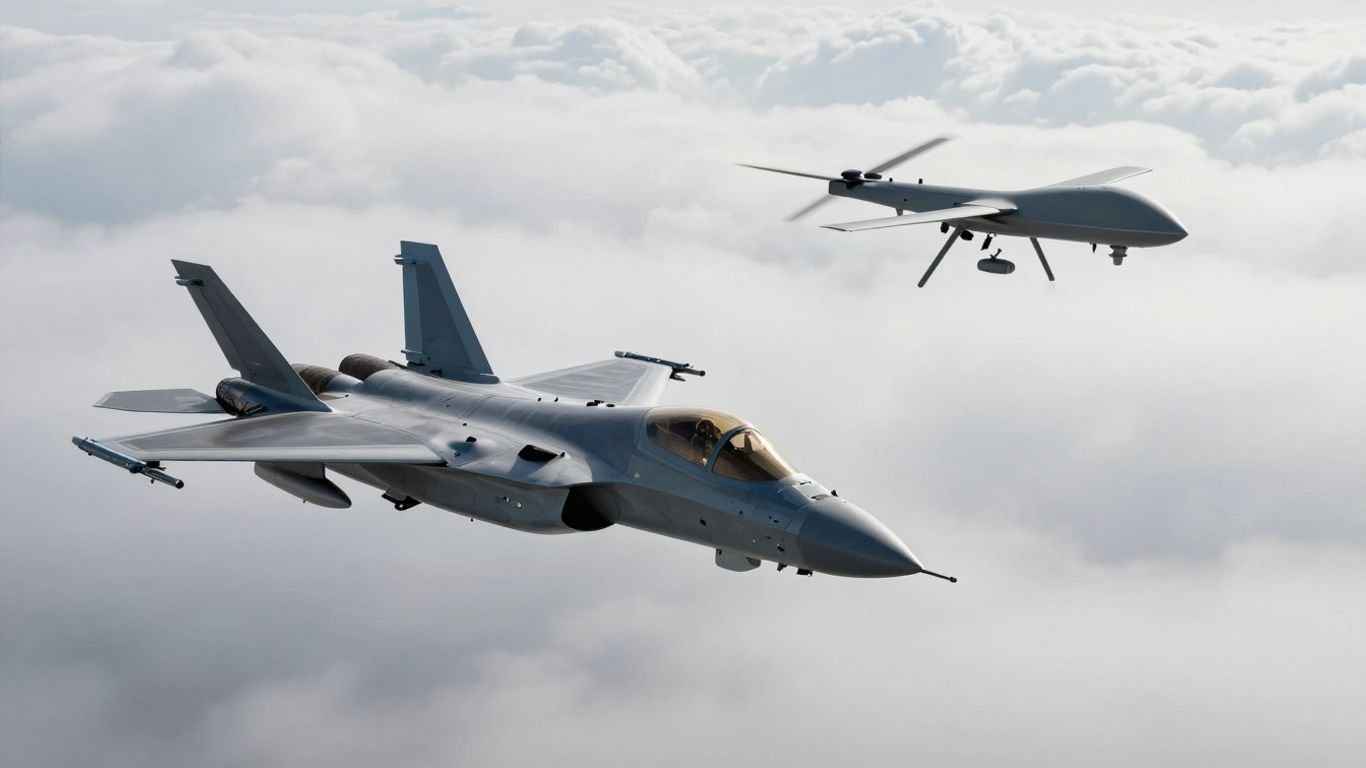 Pakistani and Indonesian fighter jets and drone in formation.