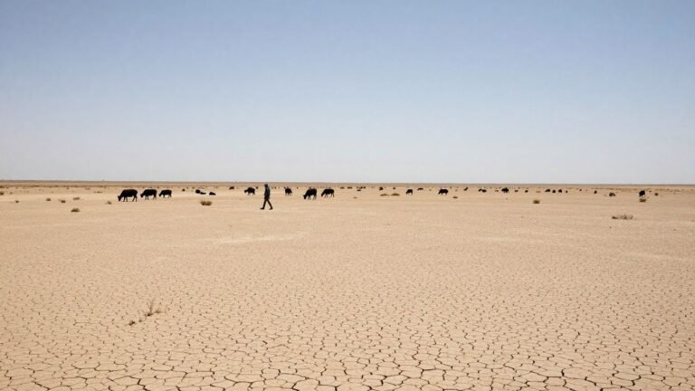 Dry, cracked earth under a harsh sun with gaunt livestock.