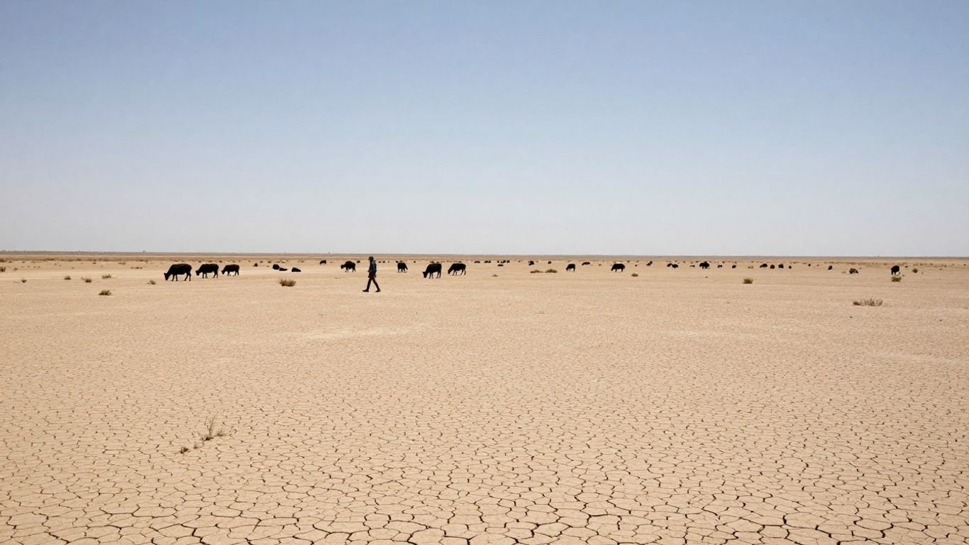 Dry, cracked earth under a harsh sun with gaunt livestock.