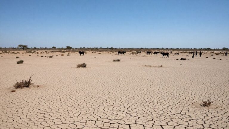 Dry, cracked earth with withered vegetation and struggling livestock.