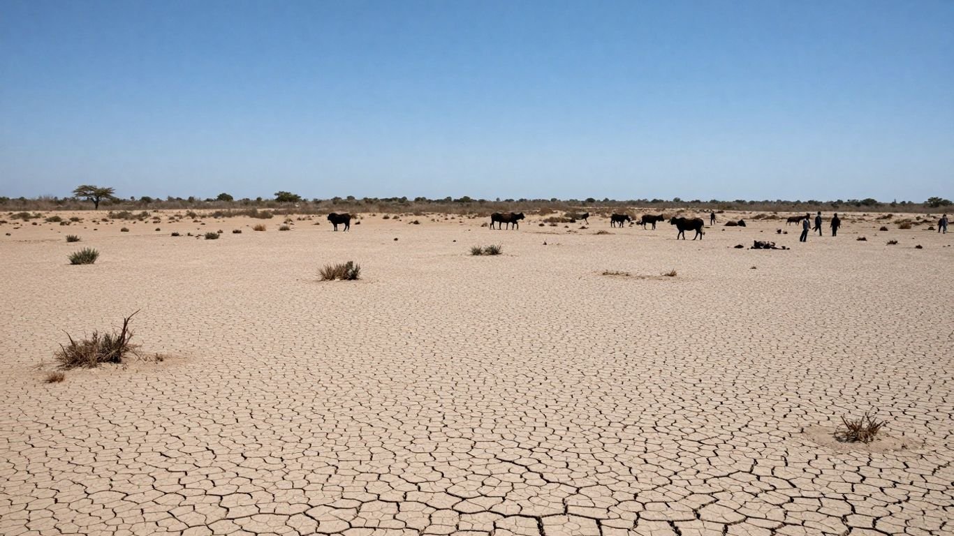 Dry, cracked earth with withered vegetation and struggling livestock.