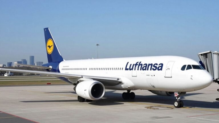 Lufthansa airplane on tarmac with city skyline.