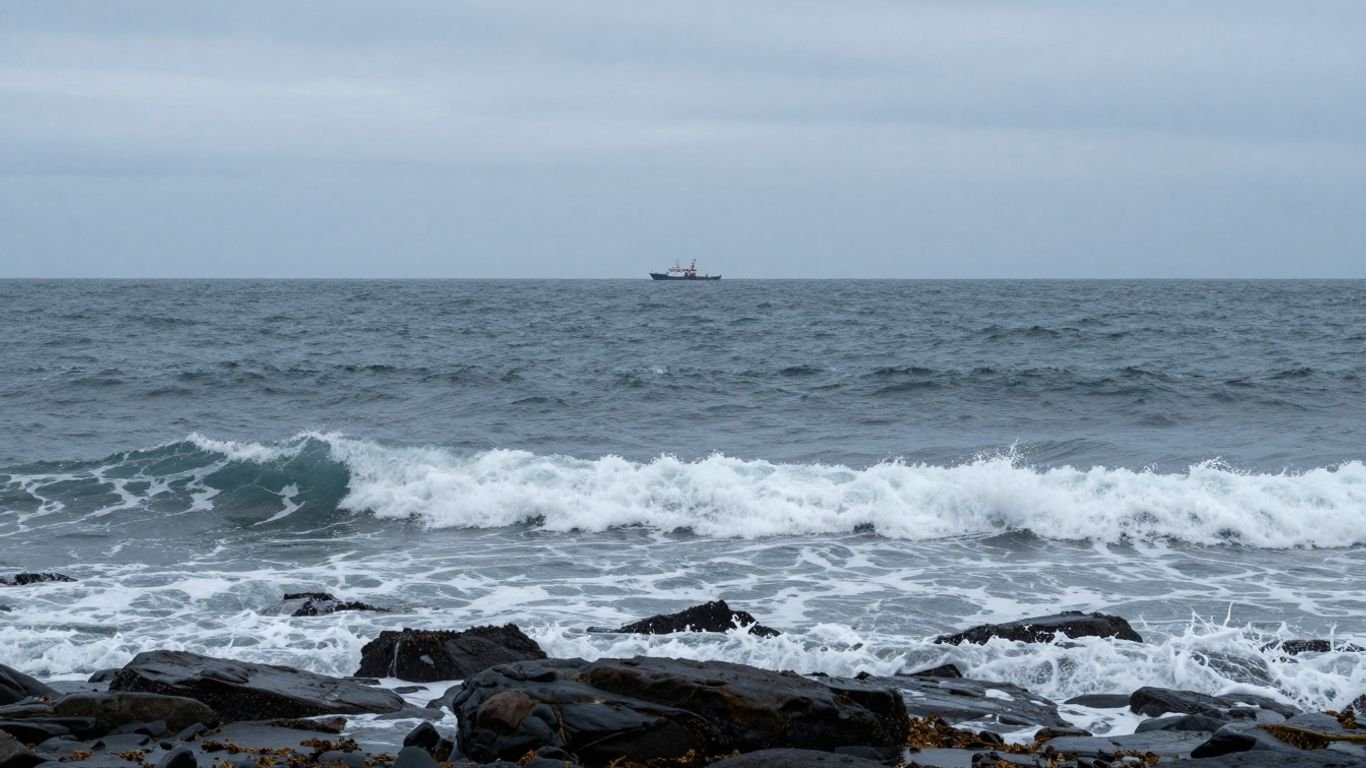 Ocean waves near shore, search boat on horizon.