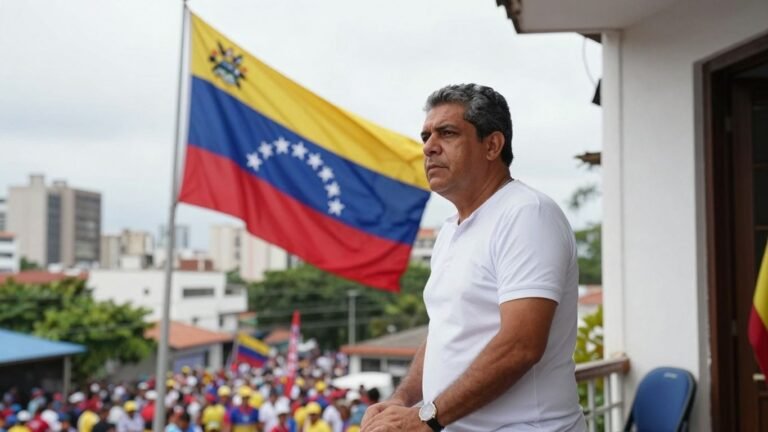 Venezuelan leader on balcony addressing crowd.