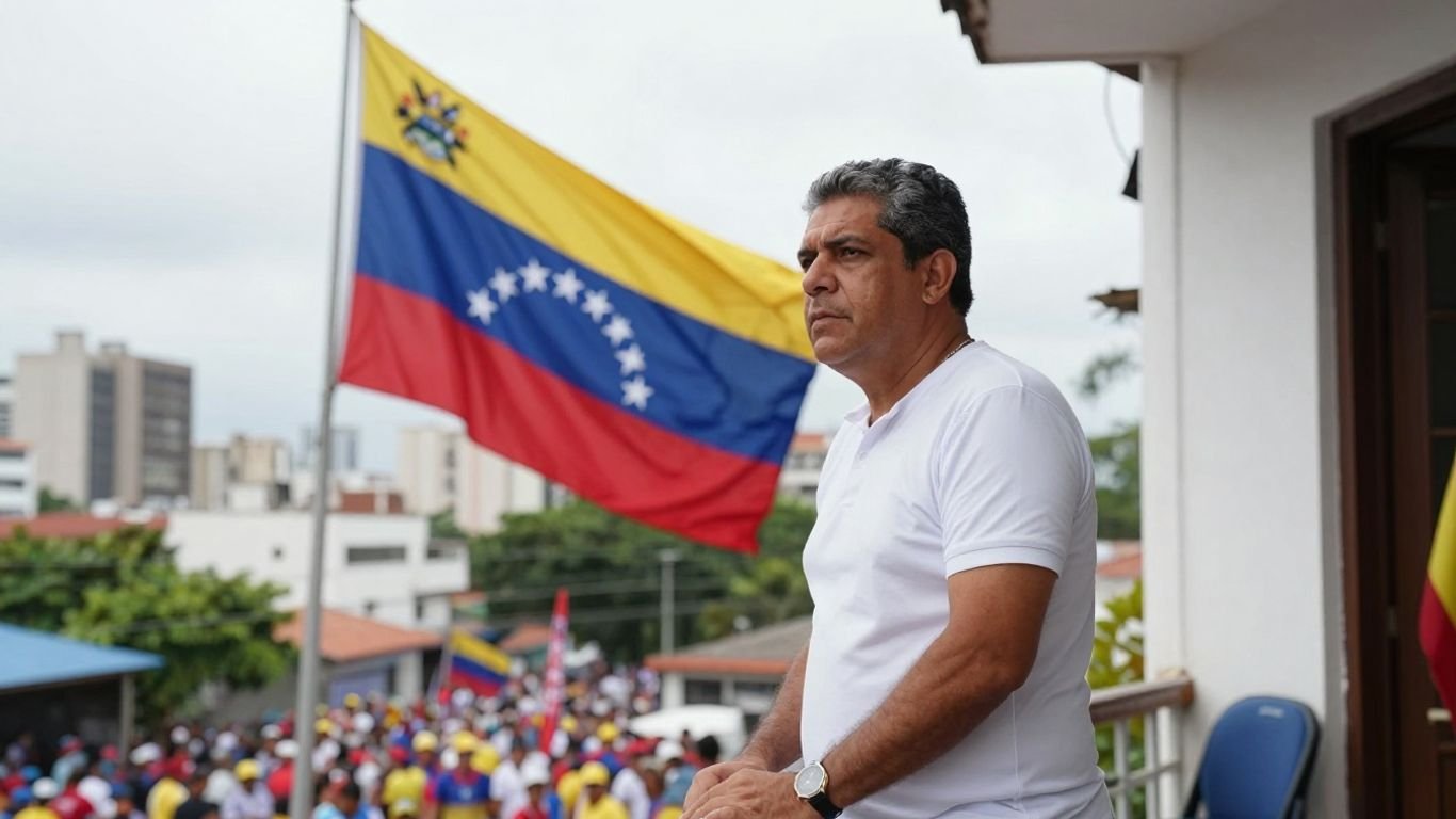 Venezuelan leader on balcony addressing crowd.