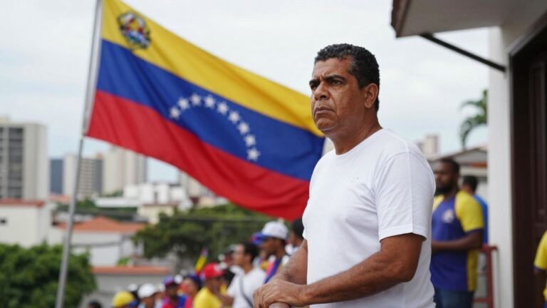 Venezuelan leader on balcony addressing crowd.