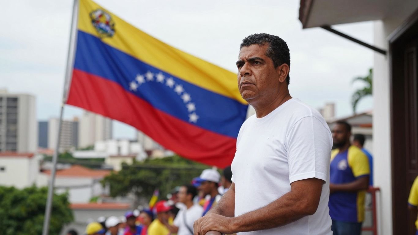 Venezuelan leader on balcony addressing crowd.