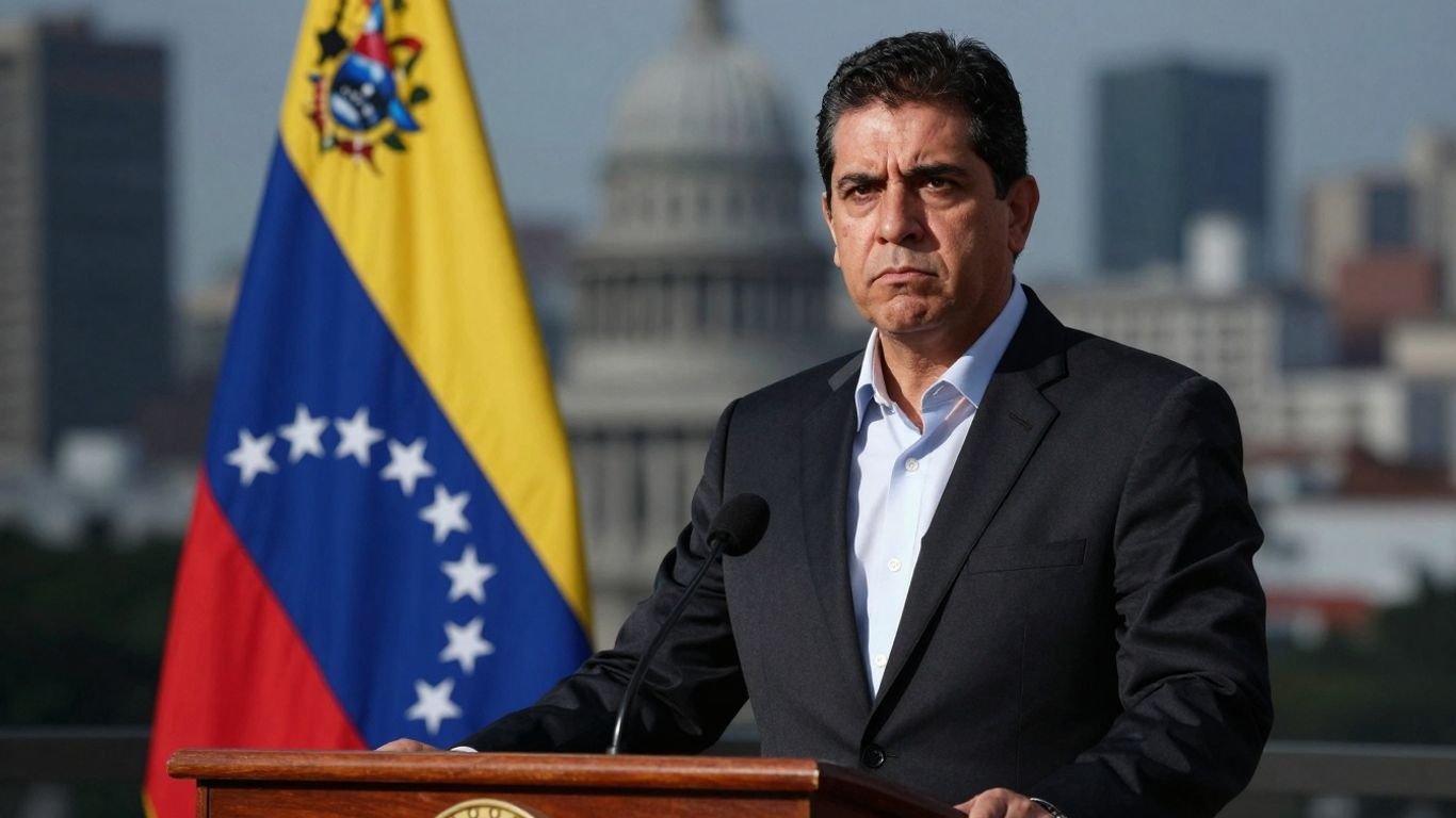 Venezuelan leader stands before flag, city backdrop.