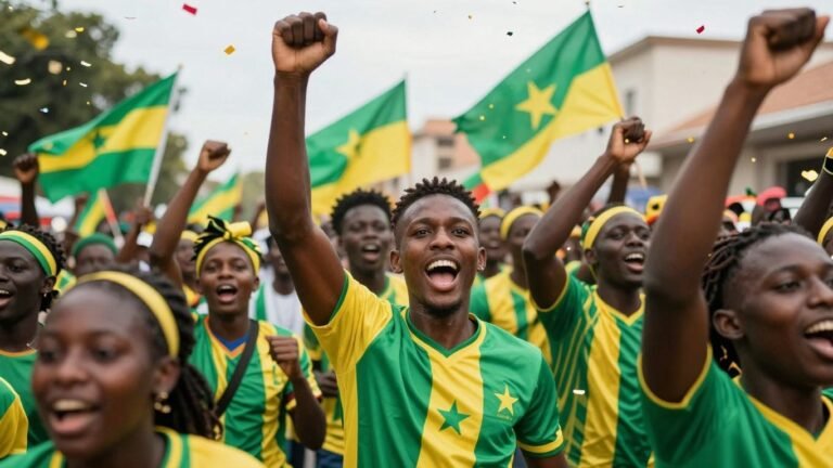 Senegalese fans celebrate AFCON victory with flags and confetti.
