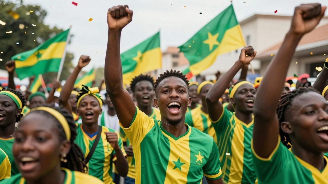 Senegalese fans celebrate AFCON victory with flags and confetti.