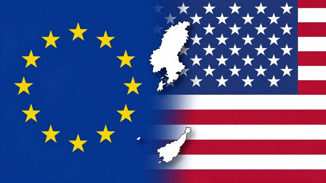 EU and US flags with Greenland map between them.