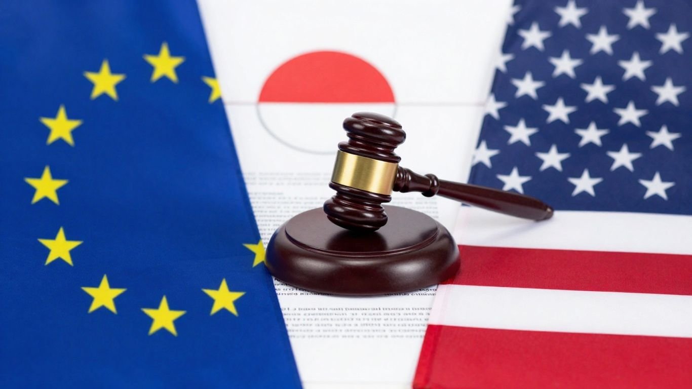 EU and US flags with a gavel, hinting at trade dispute.