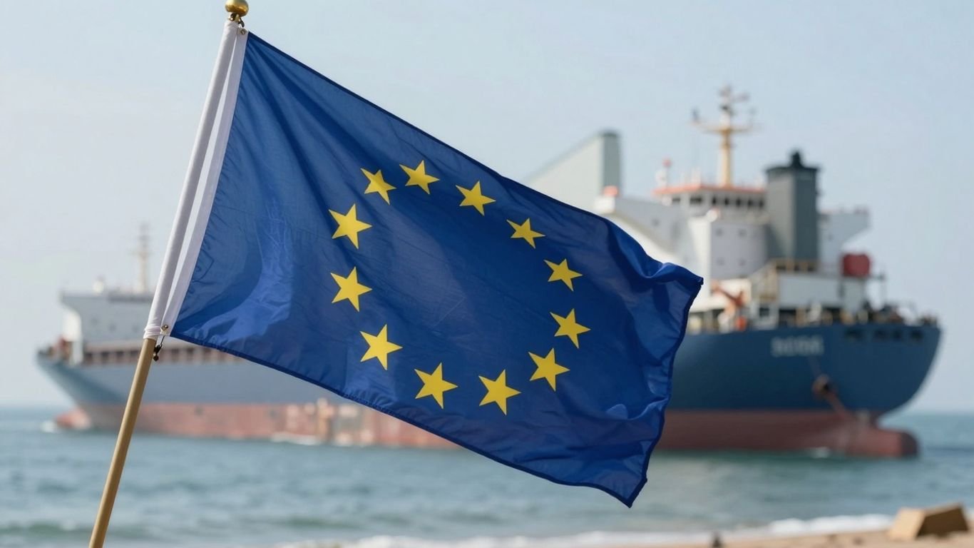 European flag and cargo ship near coastline