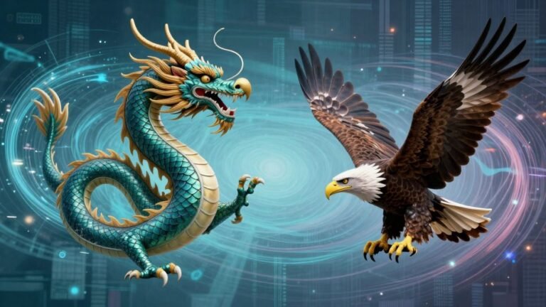 China's research output overtakes US, visualized as dragon and eagle.