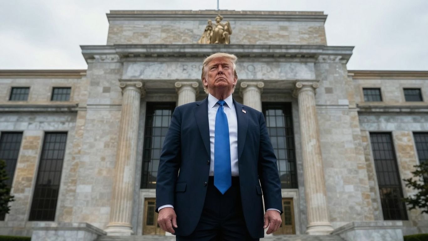 Trump facing the Federal Reserve building, power play.