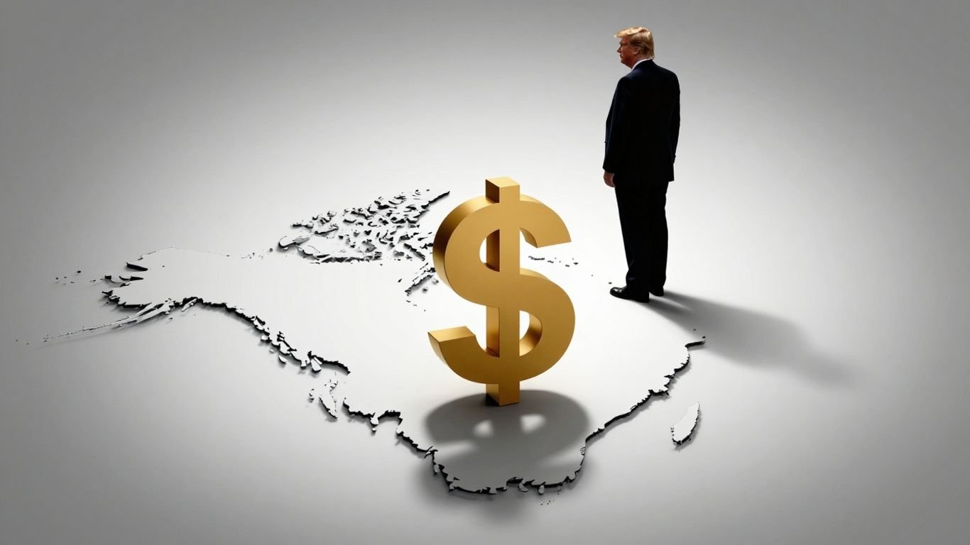 Greenland map with dollar sign and Trump silhouette.